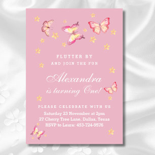Pink Baby Girl Butterfly 1st Birthday Party Invitation