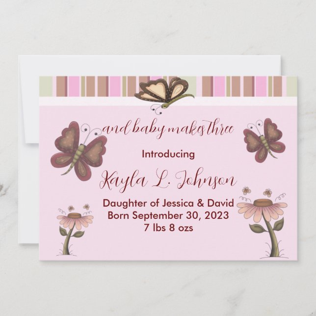 Pink Baby Girl Butterfly Flower Birth Announcement (Front)