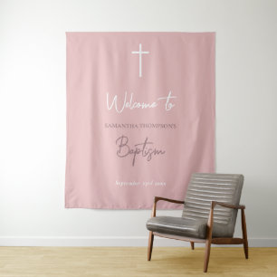 Pink Baby Girl Calligraphy Baptism Welcome Sign Tapestry