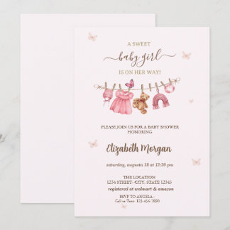 Pink Baby Girl Clothesline Baby Shower Invitation
