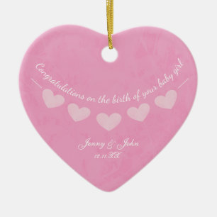 Pink baby girl congratulations bunting heart ceramic ornament