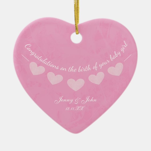 Pink baby girl congratulations bunting heart ceramic ornament (Front)