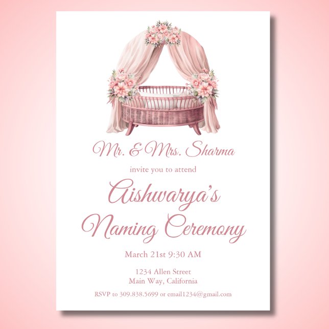 Pink Baby Girl Cradle Naming Ceremony  Invitation (Creator Uploaded)