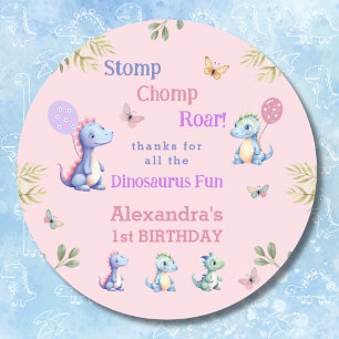 Pink Baby Girl Dinosaur 1st Birthday Thank You Classic Round Sticker