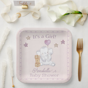 Pink Baby Girl Elephant and Balloon Watercolor Paper Plate