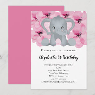 Pink Baby Girl Elephant Flowers Floral Cute Invitation