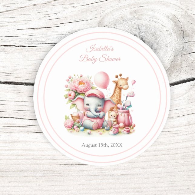 Pink Baby Girl Elephant & Giraffe Golf Baby Shower Classic Round Sticker (Add this sticker to your invitations, envelopes, favor bags! )