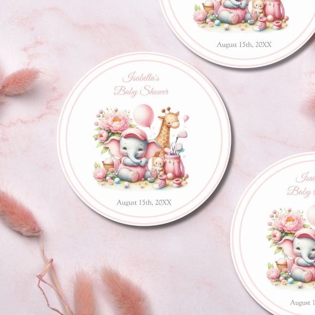 Pink Baby Girl Elephant & Giraffe Golf Baby Shower Round Paper Coaster (Enhance your party tables with this charming golf-themed coaster design.)