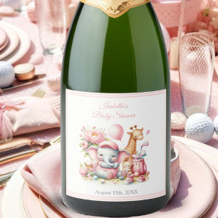 Pink Baby Girl Elephant & Giraffe Golf Baby Shower Sparkling Wine Label