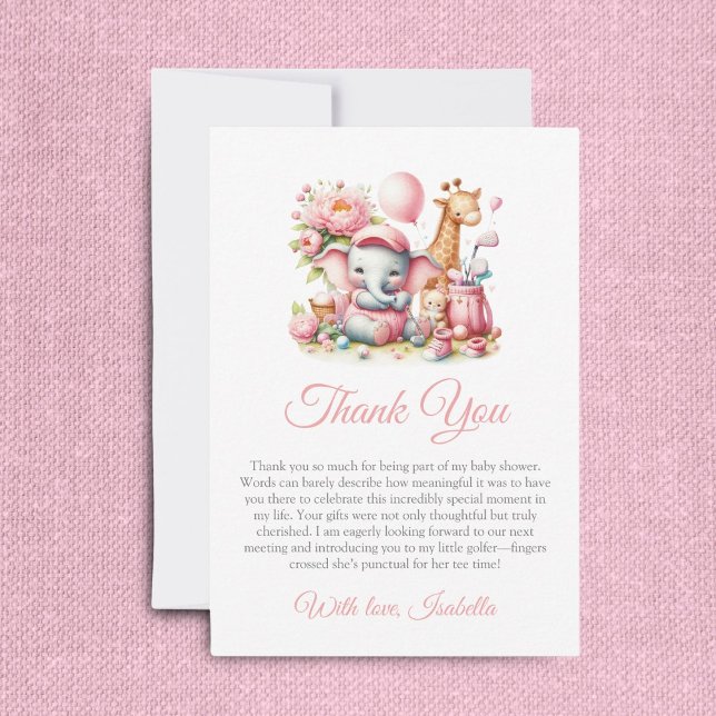 Pink Baby Girl Elephant & Giraffe Golf Baby Shower Thank You Card (This sweet thank you card can be personalized to your message!)