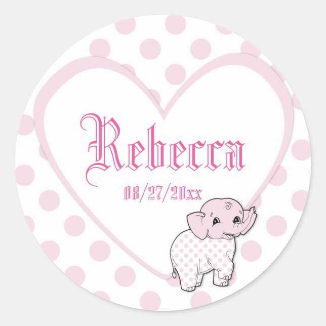 Pink Baby Girl Elephant Heart and Polka Dots Classic Round Sticker (Front)