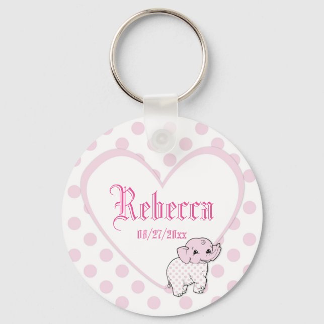 Pink Baby Girl Elephant Heart and Polka Dots Key Ring (Front)