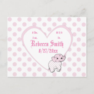 Pink Baby Girl Elephant Heart and Polka Dots Postcard