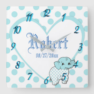Pink Baby Girl Elephant Heart and Polka Dots Square Wall Clock