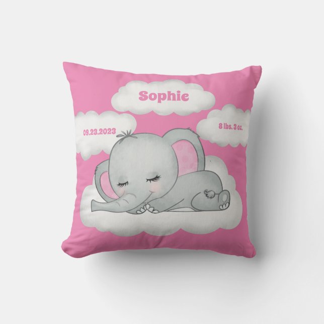 Pink Baby Girl Elephant Keepsake Name Birth Stats Cushion (Front)