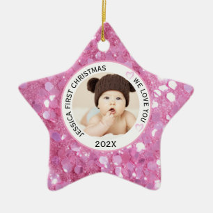 Pink Baby Girl First Christmas Name Photo Ceramic Ornament