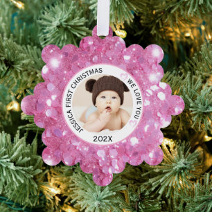 Pink Baby Girl First Christmas Name Photo Tree Decoration Card