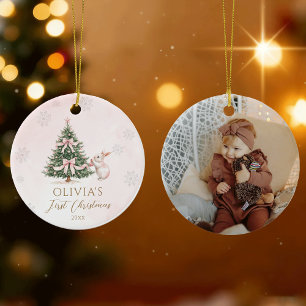 Pink Baby Girl First Christmas Snowflakes Photo Ceramic Ornament