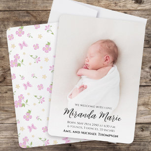 Pink Baby Girl Floral Photo Birth Announcement