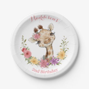 Pink Baby  Girl Giraffe Birthday Paper Plate