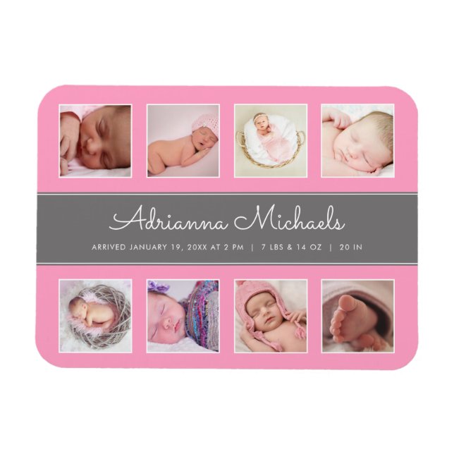 Pink Baby Girl Newborn Photo Collage Announcement Magnet (Horizontal)