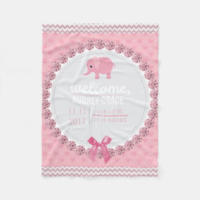 Pink Baby Girl Nursery | Elephant Personalised Fleece Blanket (Front)