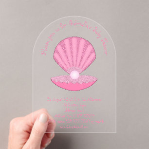 Pink Baby Girl Oyster shell and Pearl Baby Shower Acrylic Invitations