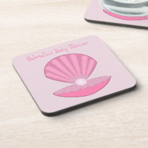 Pink Baby Girl Oyster shell and Pearl Baby Shower Coaster