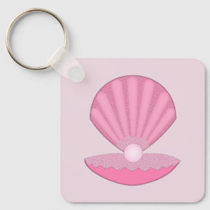 Pink Baby Girl Oyster shell and Pearl Baby Shower Key Ring