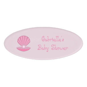 Pink Baby Girl Oyster shell and Pearl Baby Shower Name Tag