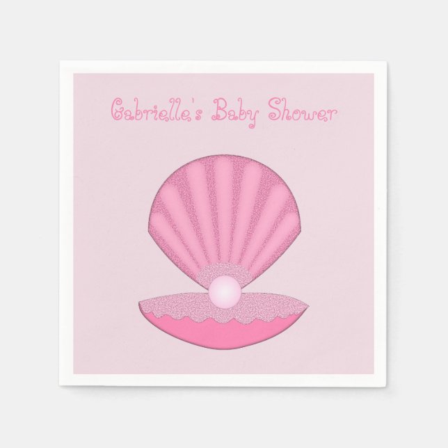 Pink Baby Girl Oyster shell and Pearl Baby Shower Napkin (Front)