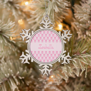 Pink Baby Girl Oyster shell and Pearl Custom Name Snowflake Pewter Christmas Ornament