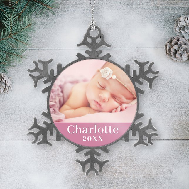 Pink Baby Girl Personalized Name Photo Snowflake Pewter Christmas Ornament (Creator Uploaded)