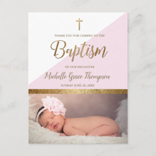 Pink Baby Girl Photo Baptism Thank You Postcard