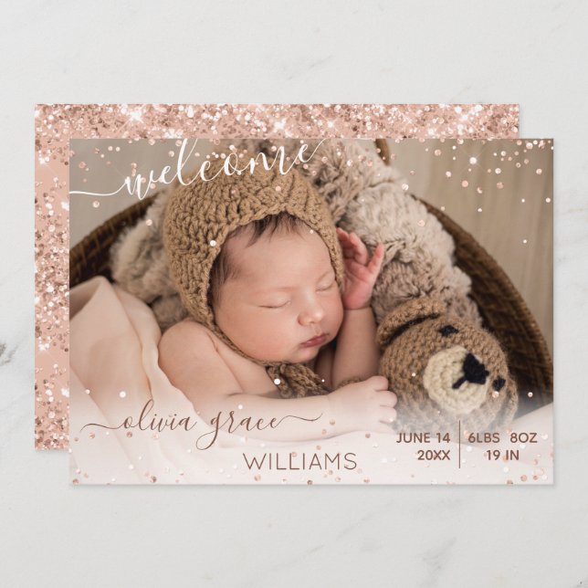 Pink Baby Girl Photo Birth Announcement (Front/Back)