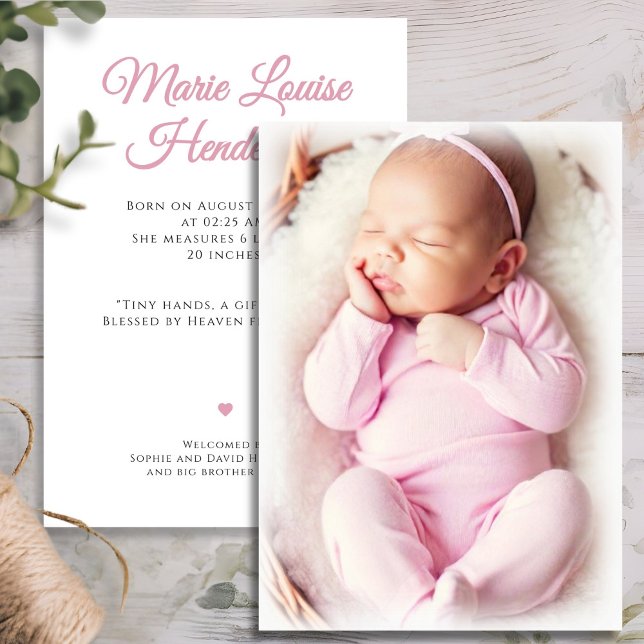 Pink Baby Girl Photo Birth Announcement Card (Pink Baby Girl Photo Birth Announcement Card)