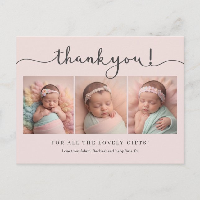 Pink baby girl photo script thank you card (Front)