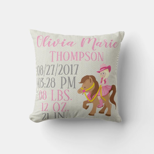 Pink Baby Girl Riding Western Horse Pony Birth Cushion (Front)