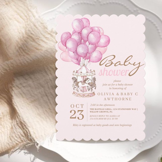 Pink Baby Girl Shower Cute Balloon Stylish Invitation (Creator Uploaded)