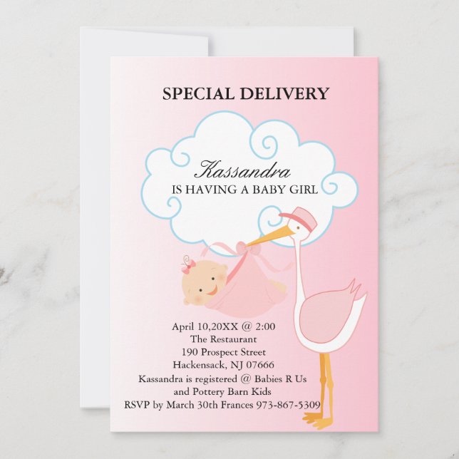 Pink Baby Girl Stork Baby Shower Invitation (Front)