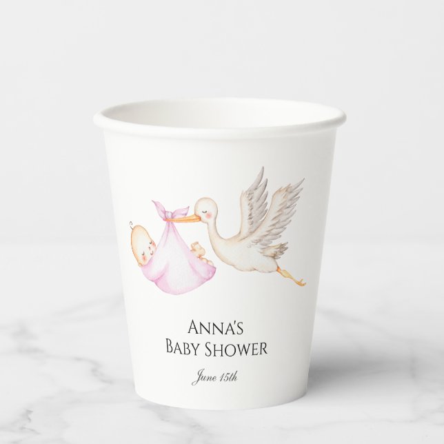Pink Baby Girl Stork Baby Shower  Paper Cups (Front)