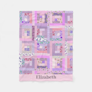 Pink Baby Girl Vintage Quilt Design Custom Name Fleece Blanket