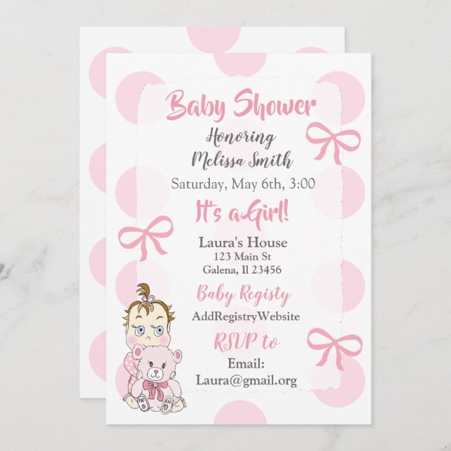 Pink Baby Girl with Teddy Bear Shower Invitation (Front/Back)