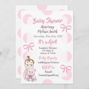 Pink Baby Girl with Teddy Bear Shower Invitation