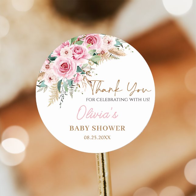 Pink Baby In Bloom Boho Floral Baby Shower Classic Round Sticker (Creator Uploaded)
