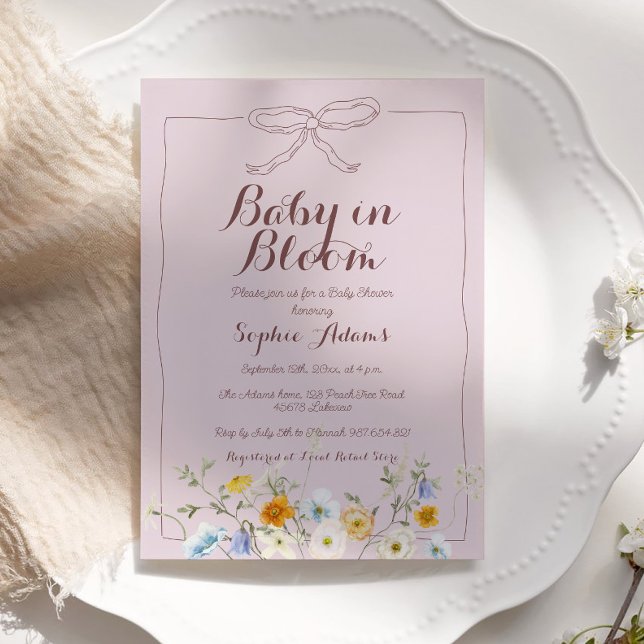 Pink Baby in Bloom Bow Wildflower Girl Baby Shower Invitation (Creator Uploaded)