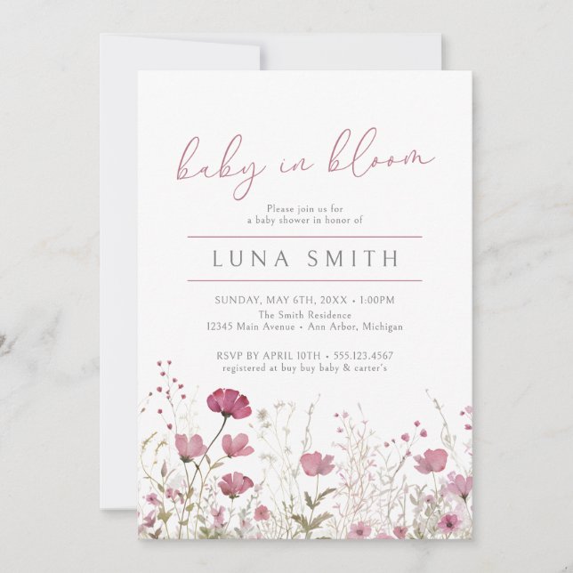 Pink Baby In Bloom Floral Wildflower Baby Shower Invitation (Front)