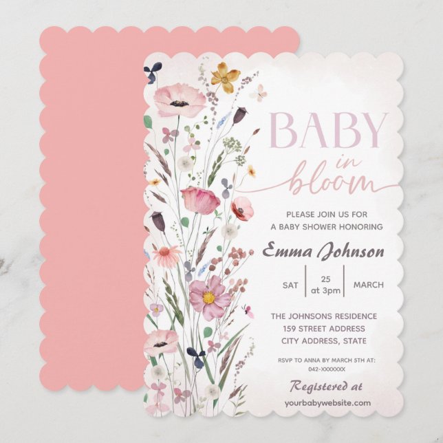 Pink Baby in Bloom Wildflower Baby Shower Invitation (Front/Back)