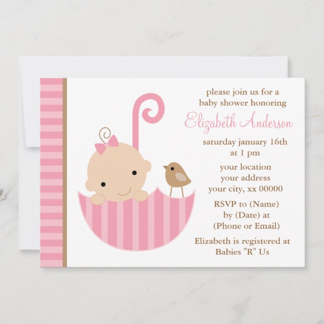 Pink Baby in Umbrella Baby Shower Invitation (Front)