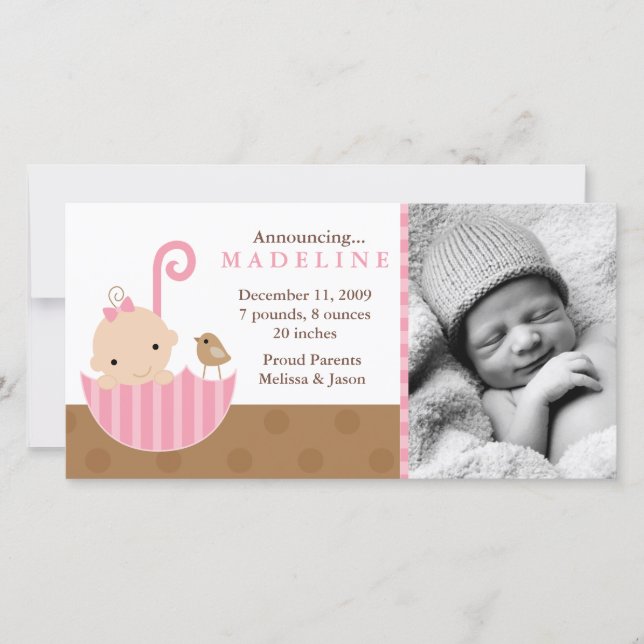 Pink Baby in Umbrella Birth Announcements (Front)